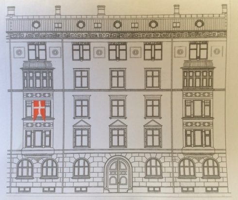 Facadetegning af Malmøgade 6, København. Ejendommen, som er opført år 1900 af arkitekt Jens Chr. Kofoed for snedkermestrer Hans Nielsen. 
